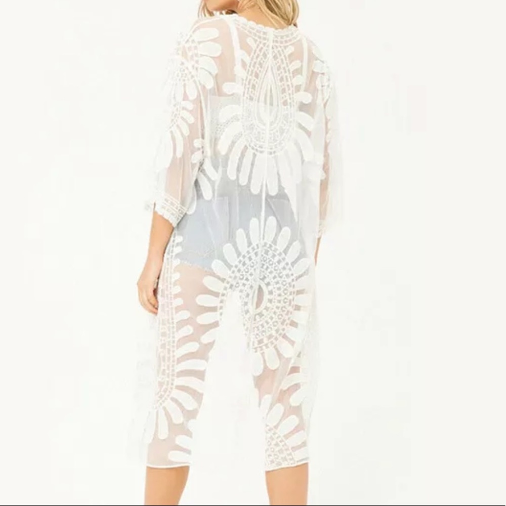New! White Boho Floral Lace Kimono Beach Coverup - Picture 10 of 13